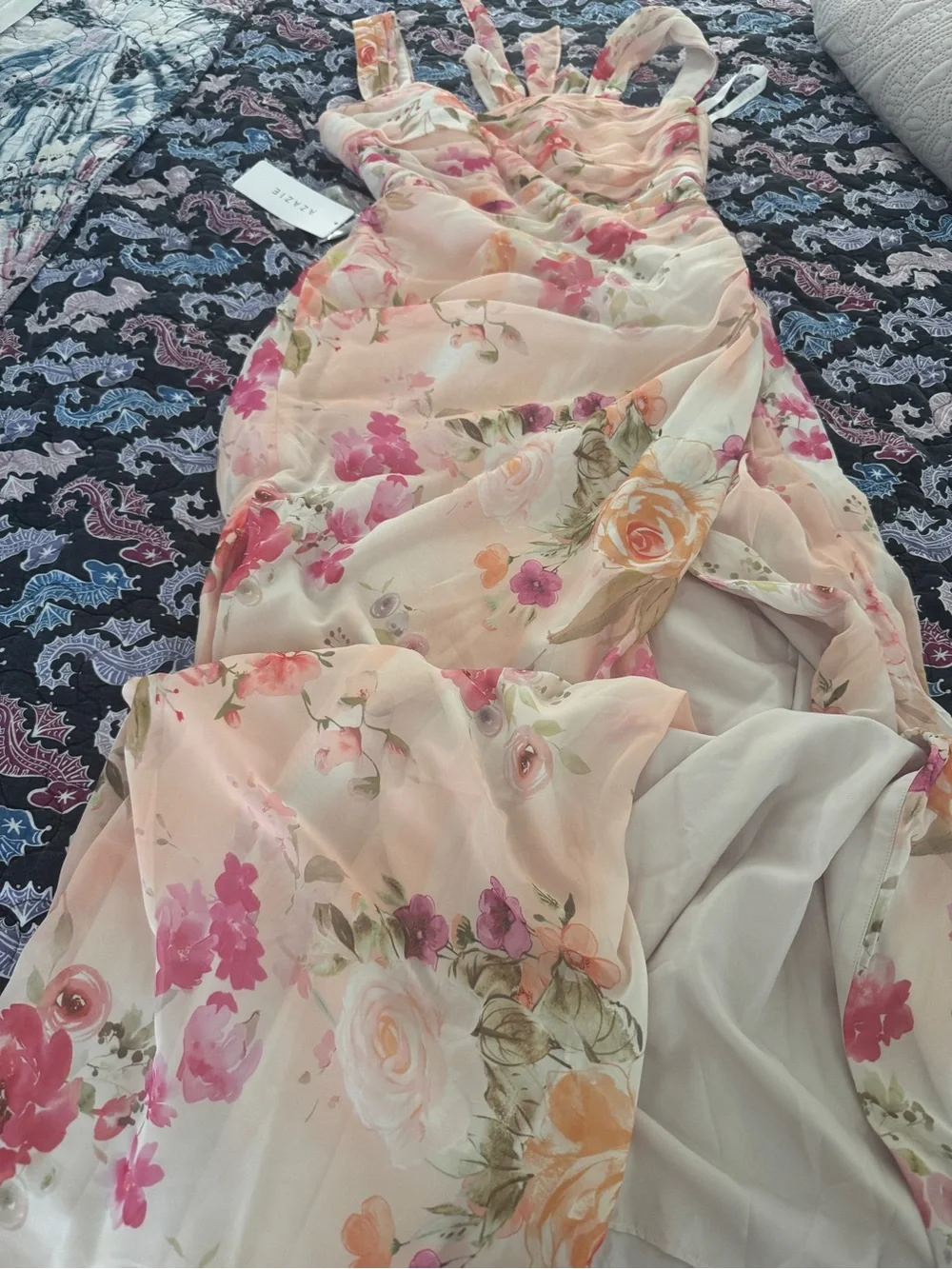 Azazie Abstract bouquet floral sheath bow chiffon Maxi dress